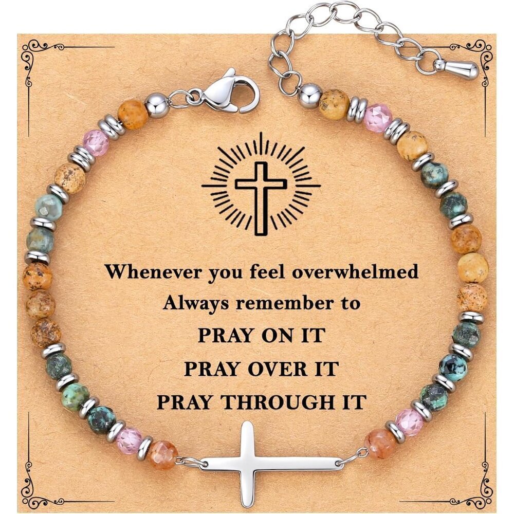 Christian Cross Bracelet Stainless Steel Bead Chain Inspirational Gift for Women